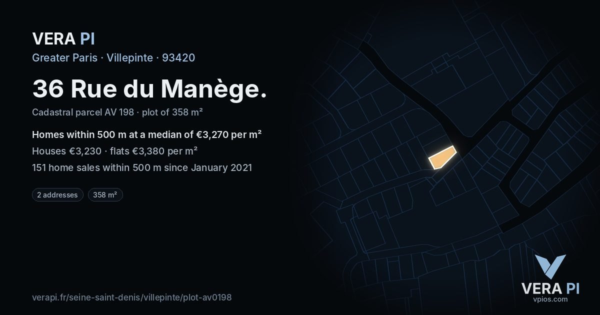 36 Rue du Manège, Villepinte at night – the plot lit, the parcels around coloured by the prices near them