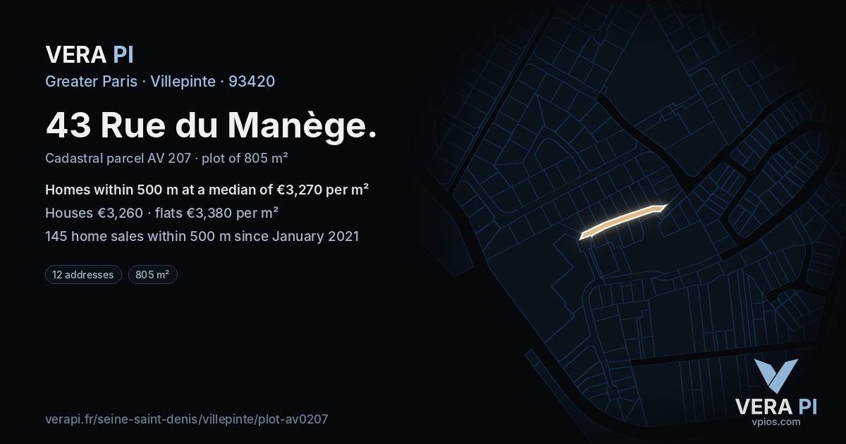 43 Rue du Manège, Villepinte at night – the plot lit, the parcels around coloured by the prices near them
