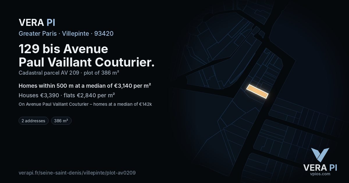 129 bis Avenue Paul Vaillant Couturier, Villepinte at night – the plot lit, the parcels around coloured by the prices near them