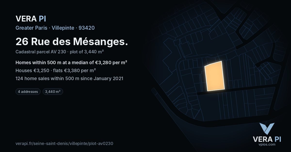 26 Rue des Mésanges, Villepinte at night – the plot lit, the parcels around coloured by the prices near them
