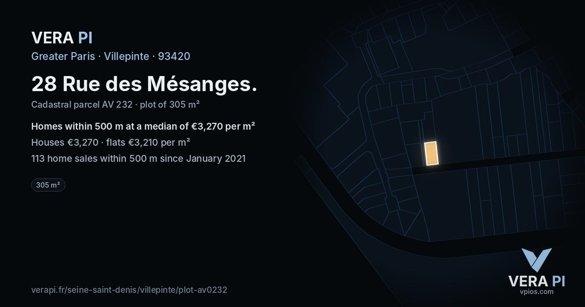 28 Rue des Mésanges, Villepinte at night – the plot lit, the parcels around coloured by the prices near them