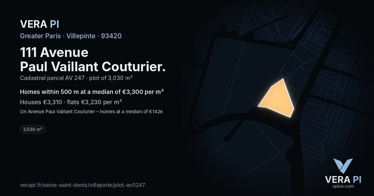 111 Avenue Paul Vaillant Couturier, Villepinte at night – the plot lit, the parcels around coloured by the prices near them