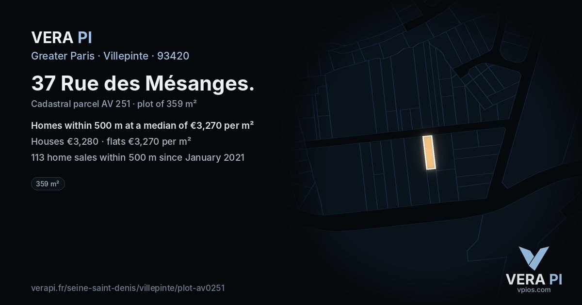 37 Rue des Mésanges, Villepinte at night – the plot lit, the parcels around coloured by the prices near them