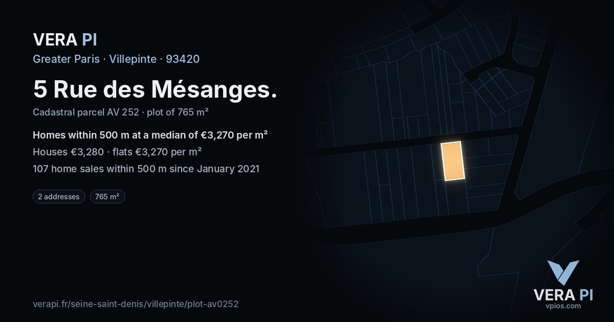 5 Rue des Mésanges, Villepinte at night – the plot lit, the parcels around coloured by the prices near them