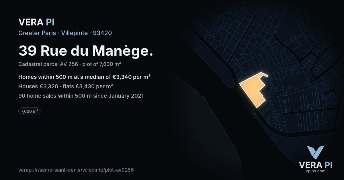 39 Rue du Manège, Villepinte at night – the plot lit, the parcels around coloured by the prices near them