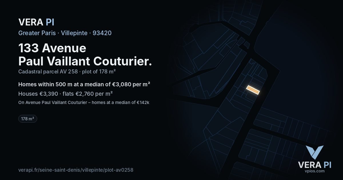 133 Avenue Paul Vaillant Couturier, Villepinte at night – the plot lit, the parcels around coloured by the prices near them