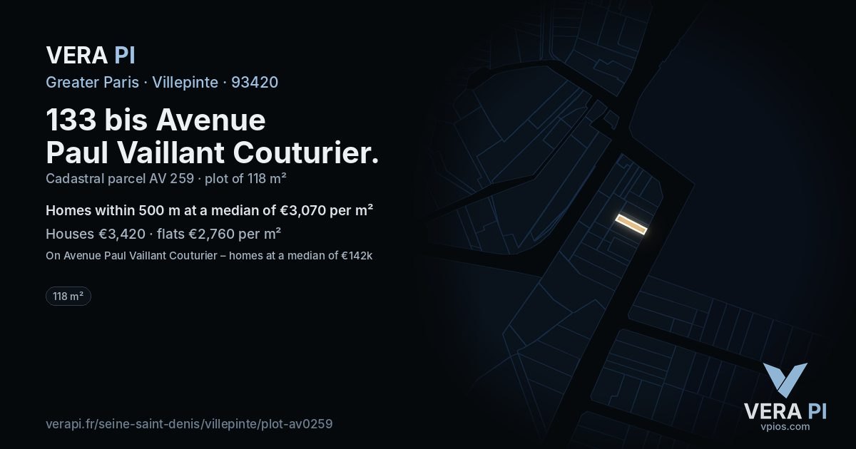 133 bis Avenue Paul Vaillant Couturier, Villepinte at night – the plot lit, the parcels around coloured by the prices near them