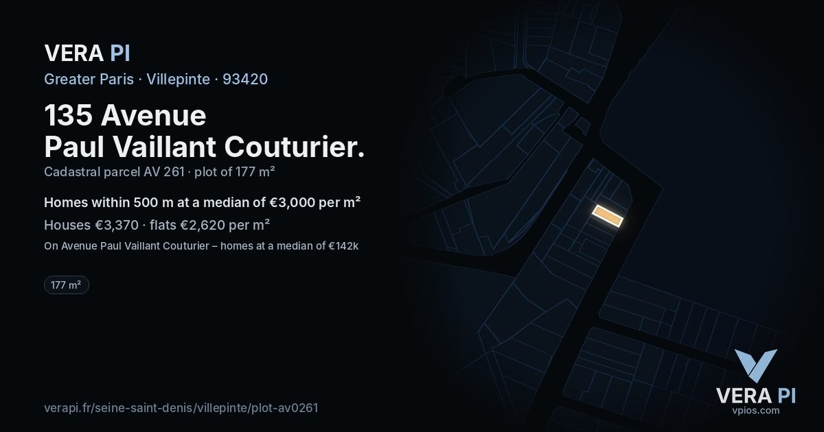 135 Avenue Paul Vaillant Couturier, Villepinte at night – the plot lit, the parcels around coloured by the prices near them