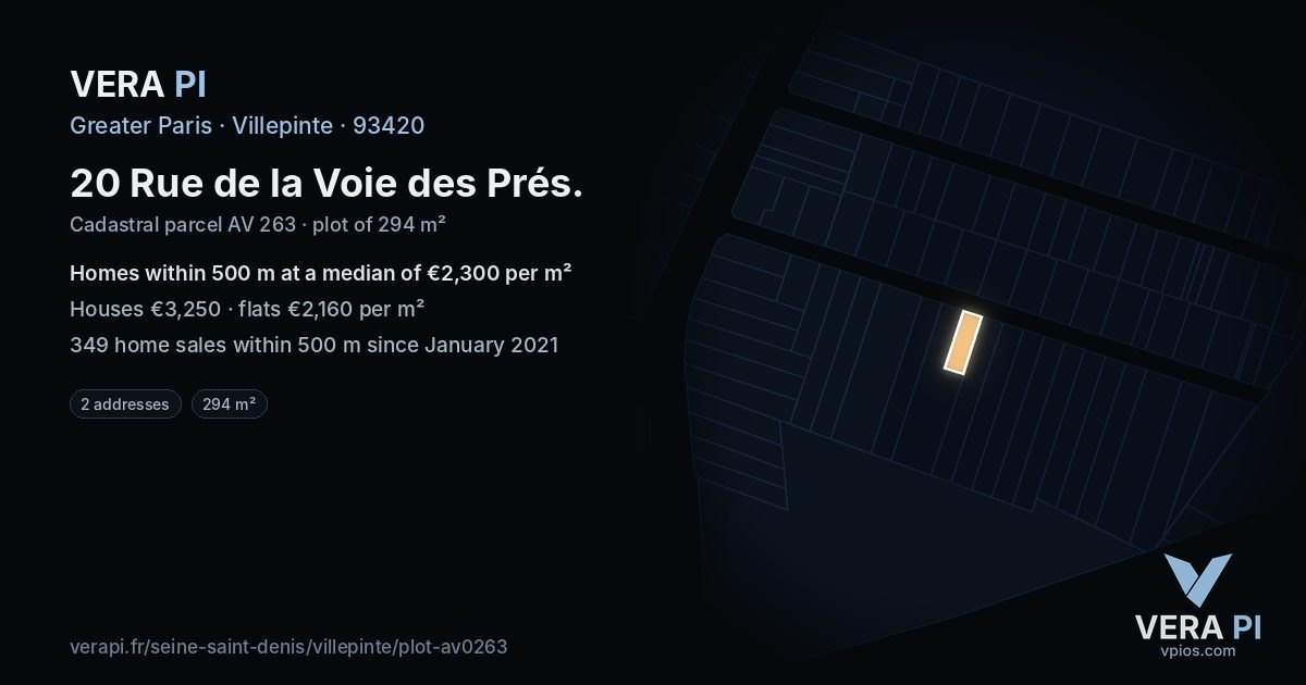20 Rue de la Voie des Prés, Villepinte at night – the plot lit, the parcels around coloured by the prices near them