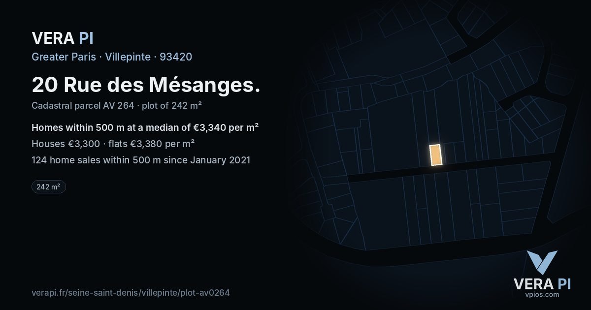 20 Rue des Mésanges, Villepinte at night – the plot lit, the parcels around coloured by the prices near them
