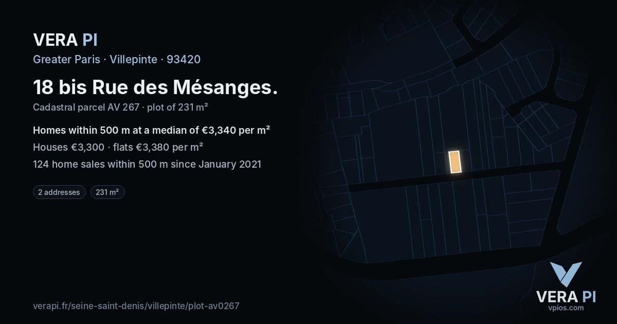 18 bis Rue des Mésanges, Villepinte at night – the plot lit, the parcels around coloured by the prices near them