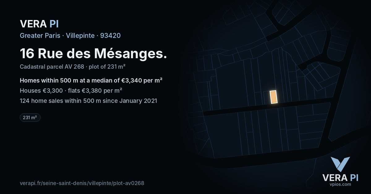 16 Rue des Mésanges, Villepinte at night – the plot lit, the parcels around coloured by the prices near them