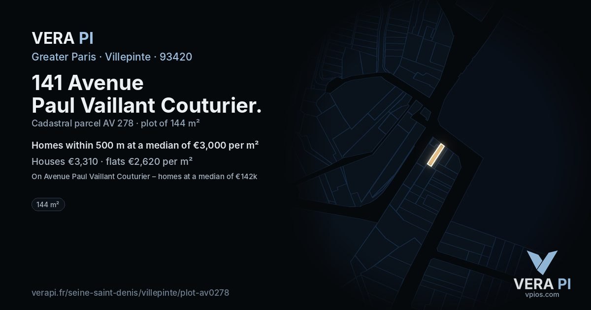 141 Avenue Paul Vaillant Couturier, Villepinte at night – the plot lit, the parcels around coloured by the prices near them