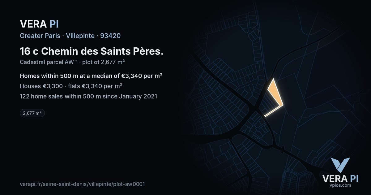 16 c Chemin des Saints Pères, Villepinte at night – the plot lit, the parcels around coloured by the prices near them