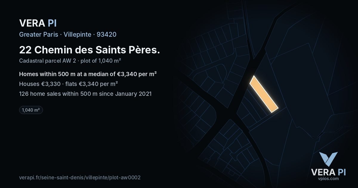22 Chemin des Saints Pères, Villepinte at night – the plot lit, the parcels around coloured by the prices near them