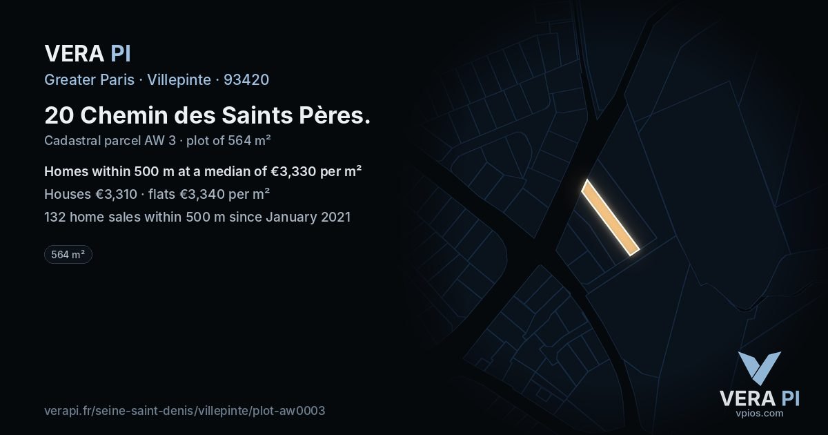 20 Chemin des Saints Pères, Villepinte at night – the plot lit, the parcels around coloured by the prices near them