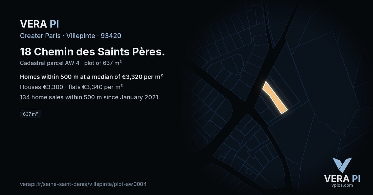 18 Chemin des Saints Pères, Villepinte at night – the plot lit, the parcels around coloured by the prices near them