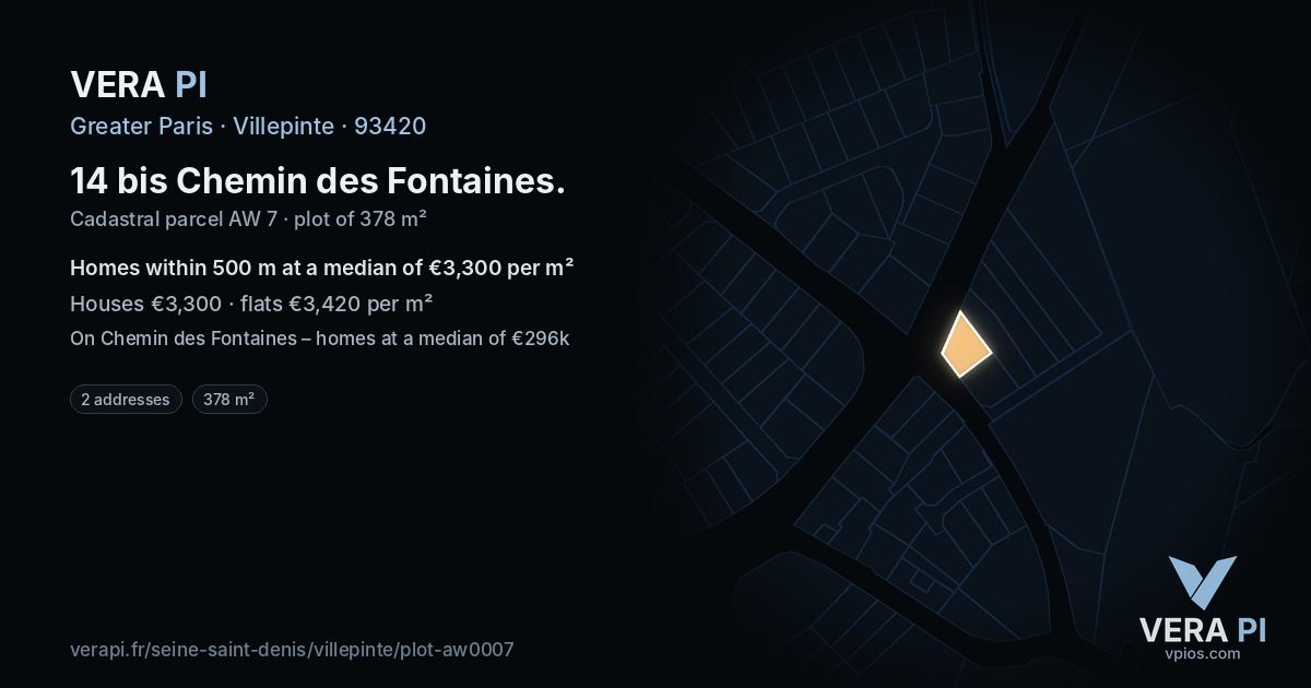 14 bis Chemin des Fontaines, Villepinte at night – the plot lit, the parcels around coloured by the prices near them