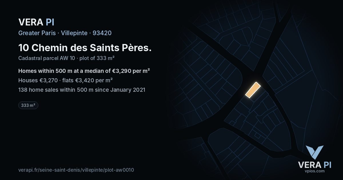 10 Chemin des Saints Pères, Villepinte at night – the plot lit, the parcels around coloured by the prices near them