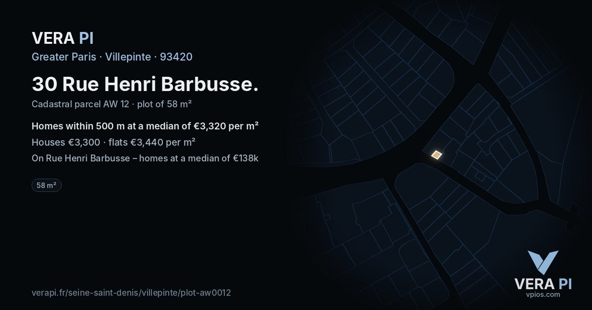 30 Rue Henri Barbusse, Villepinte at night – the plot lit, the parcels around coloured by the prices near them