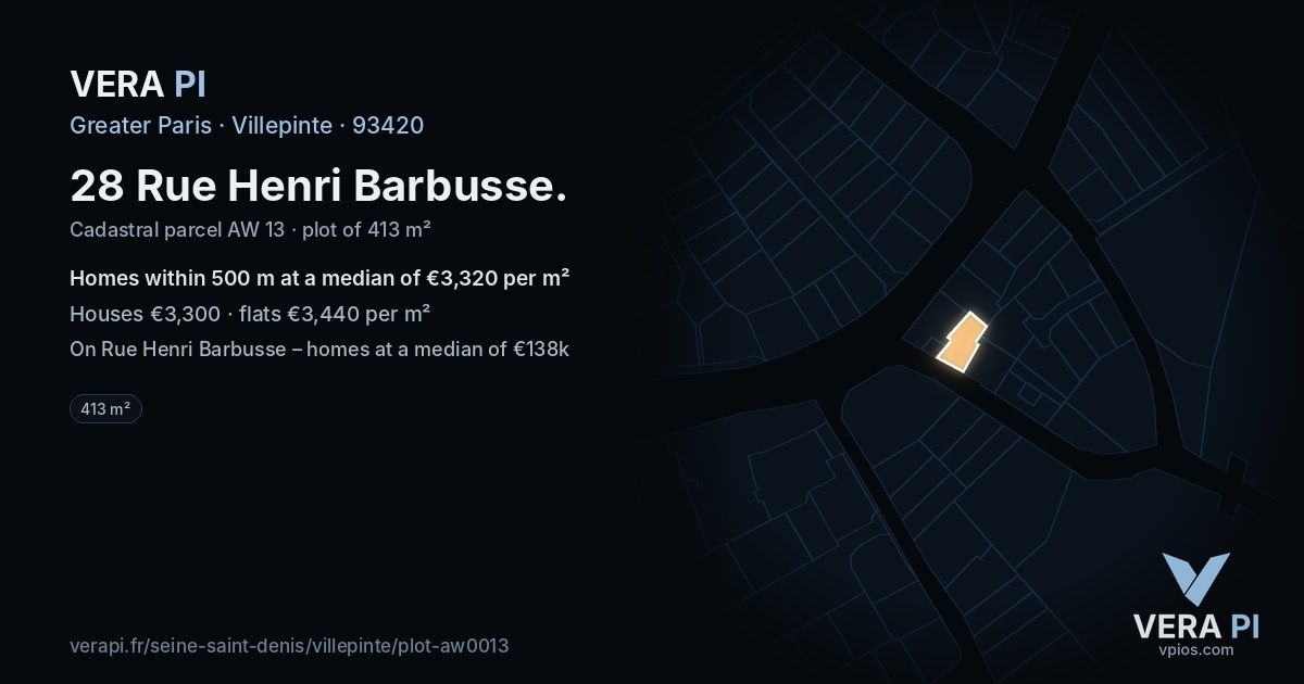 28 Rue Henri Barbusse, Villepinte at night – the plot lit, the parcels around coloured by the prices near them