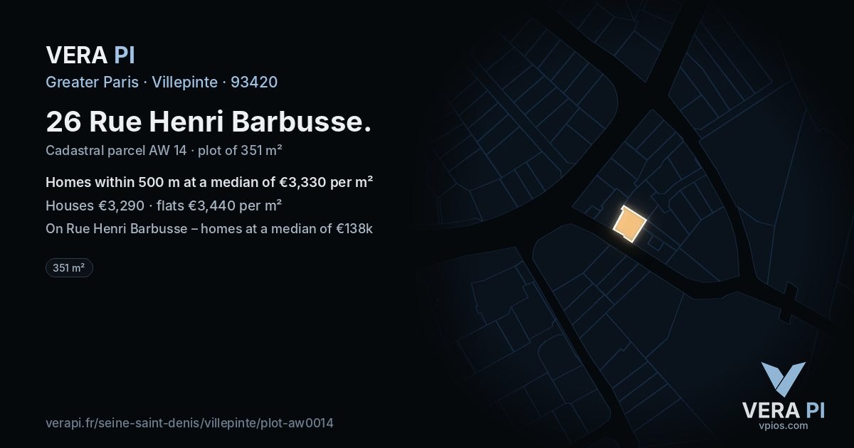 26 Rue Henri Barbusse, Villepinte at night – the plot lit, the parcels around coloured by the prices near them