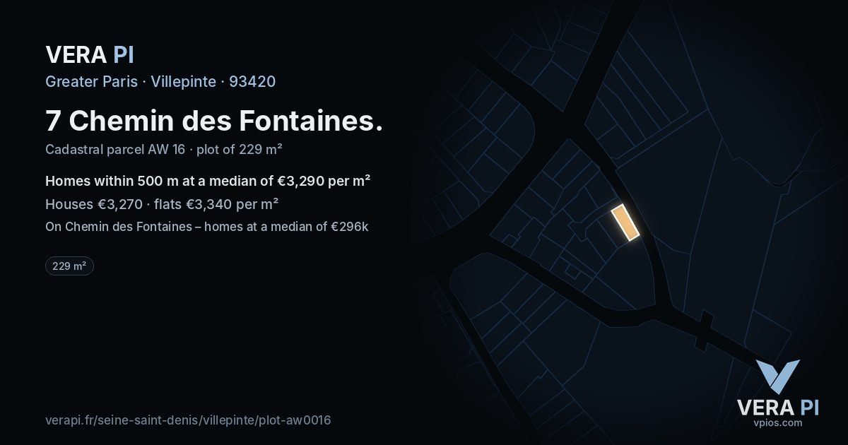 7 Chemin des Fontaines, Villepinte at night – the plot lit, the parcels around coloured by the prices near them