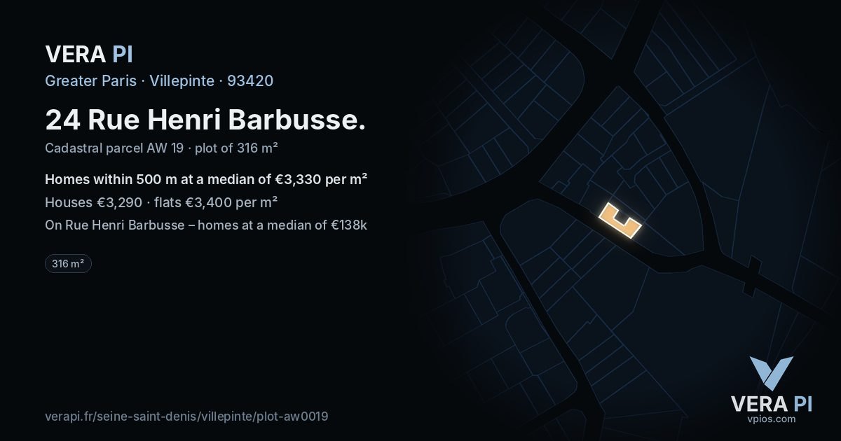 24 Rue Henri Barbusse, Villepinte at night – the plot lit, the parcels around coloured by the prices near them