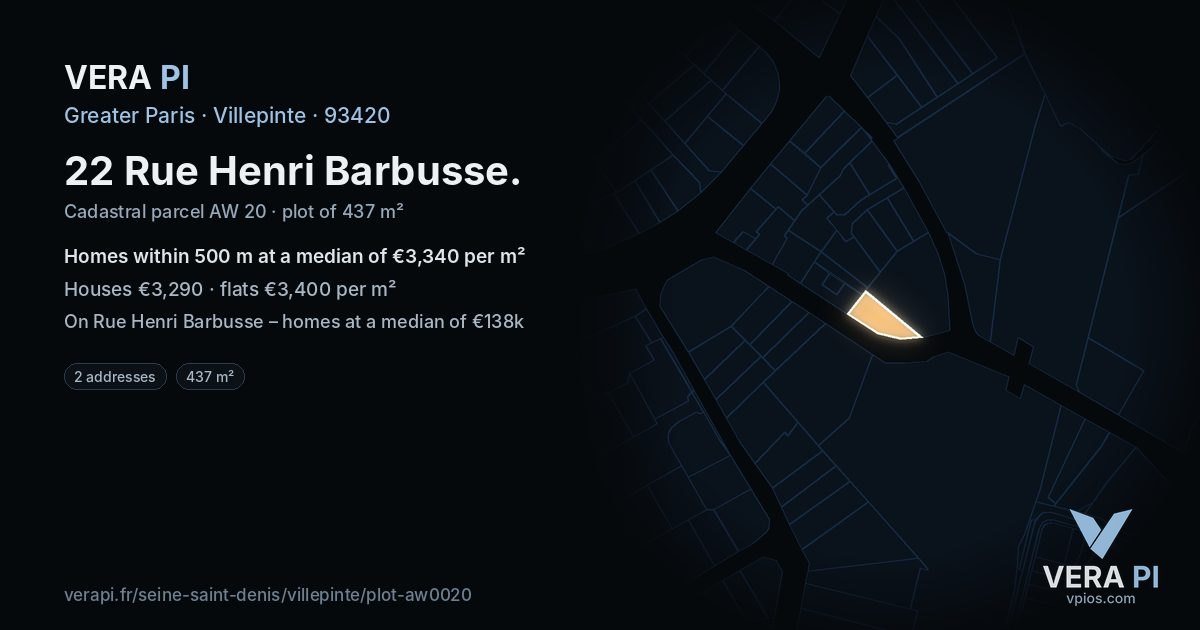 22 Rue Henri Barbusse, Villepinte at night – the plot lit, the parcels around coloured by the prices near them