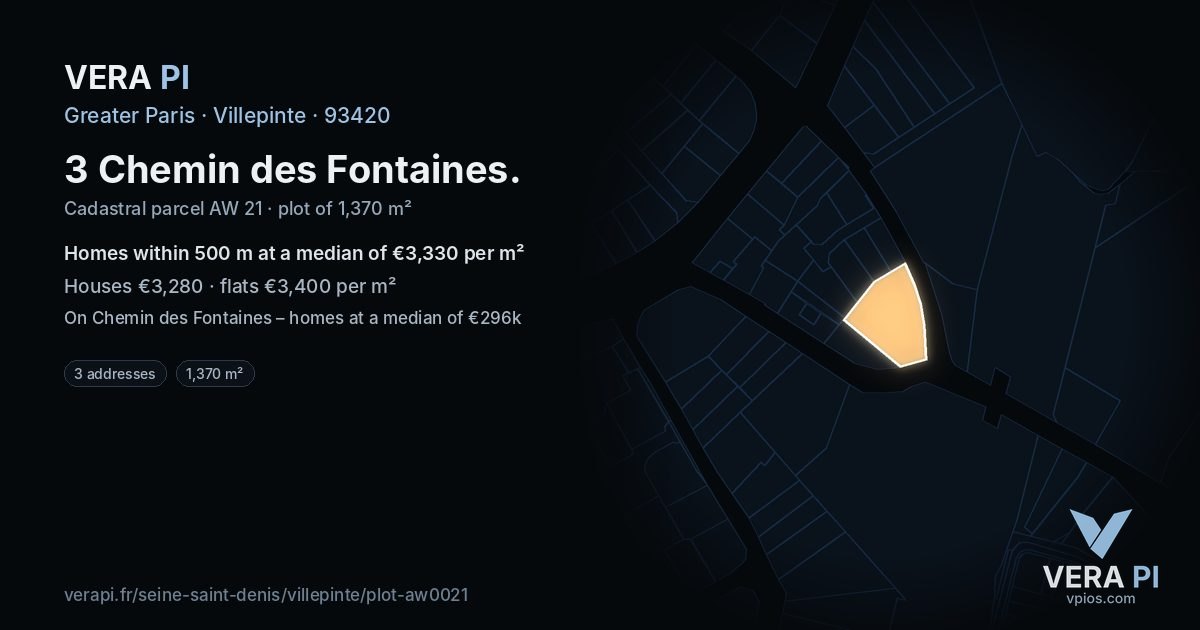 3 Chemin des Fontaines, Villepinte at night – the plot lit, the parcels around coloured by the prices near them