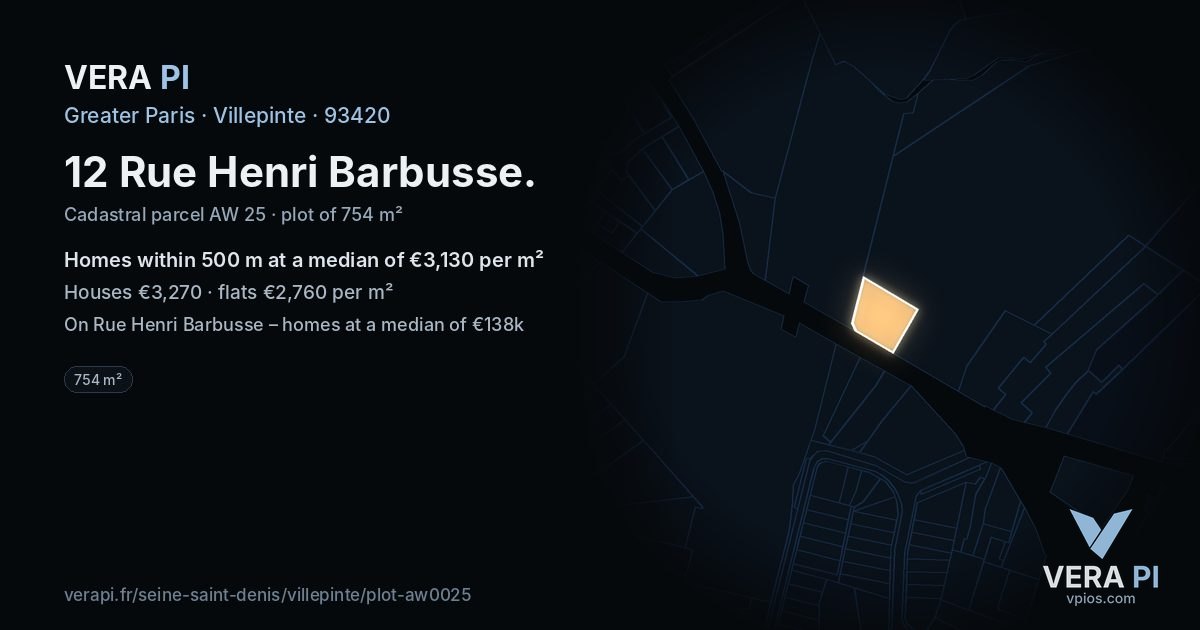 12 Rue Henri Barbusse, Villepinte at night – the plot lit, the parcels around coloured by the prices near them