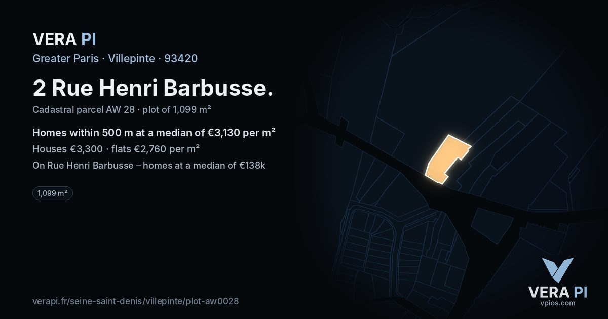 2 Rue Henri Barbusse, Villepinte at night – the plot lit, the parcels around coloured by the prices near them