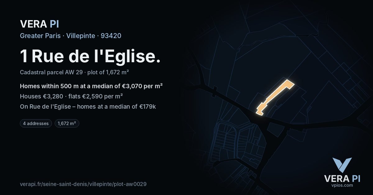 1 Rue de l'Eglise, Villepinte at night – the plot lit, the parcels around coloured by the prices near them