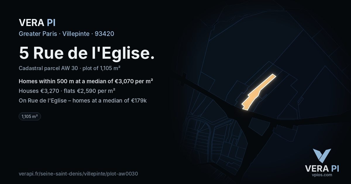 5 Rue de l'Eglise, Villepinte at night – the plot lit, the parcels around coloured by the prices near them