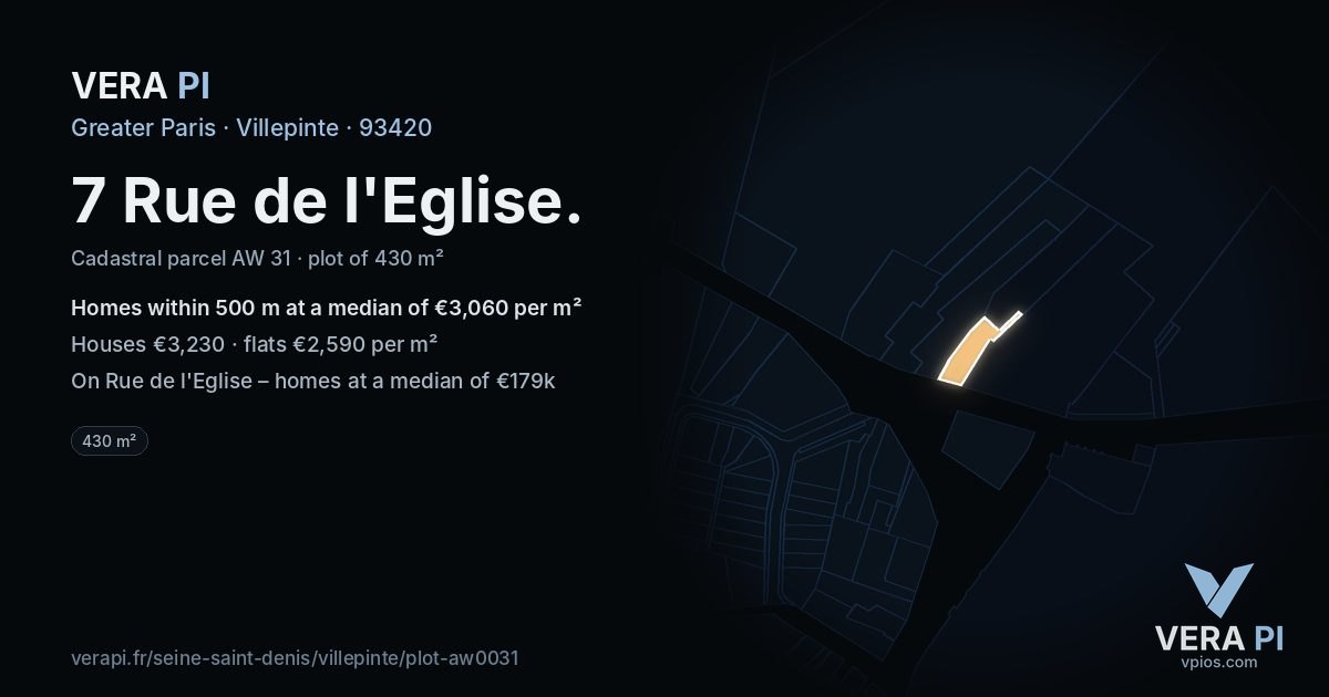7 Rue de l'Eglise, Villepinte at night – the plot lit, the parcels around coloured by the prices near them