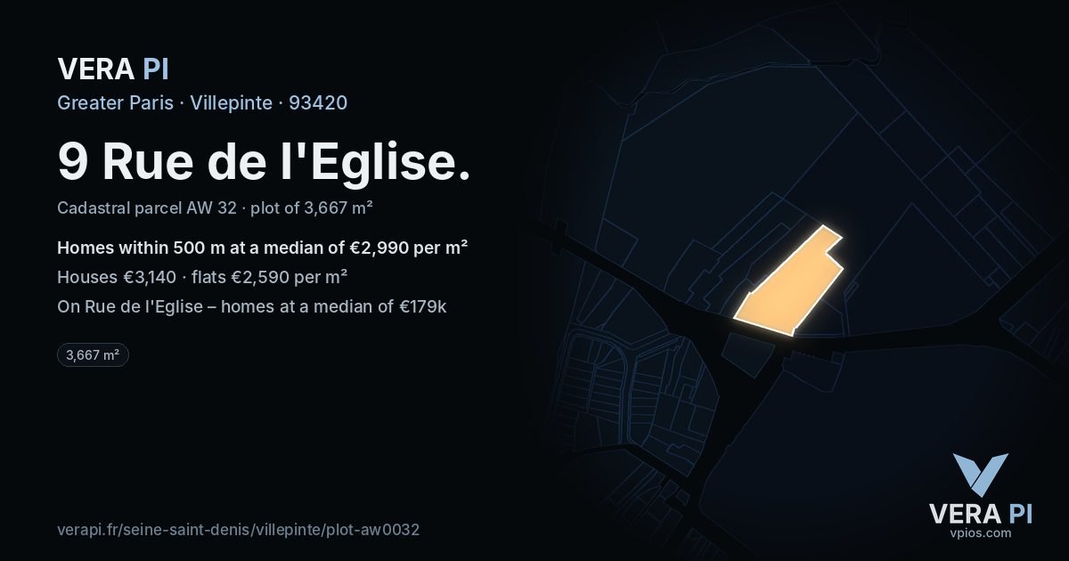 9 Rue de l'Eglise, Villepinte at night – the plot lit, the parcels around coloured by the prices near them