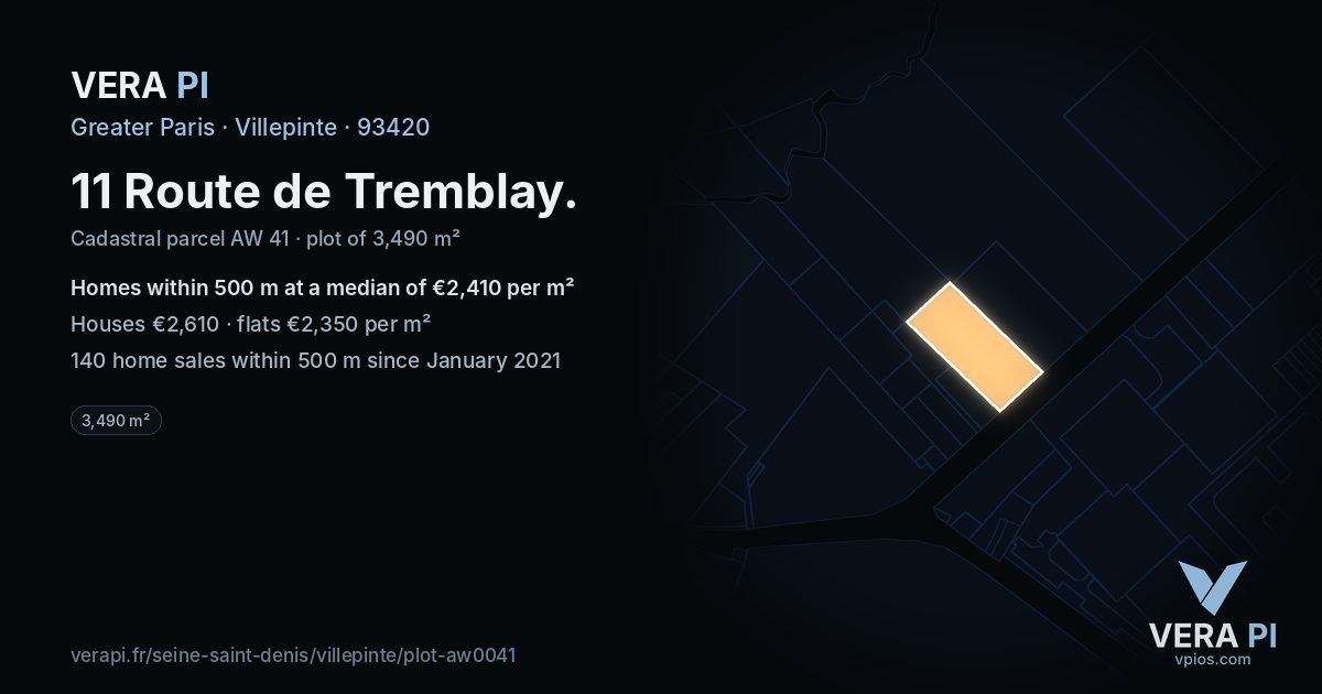 11 Route de Tremblay, Villepinte at night – the plot lit, the parcels around coloured by the prices near them
