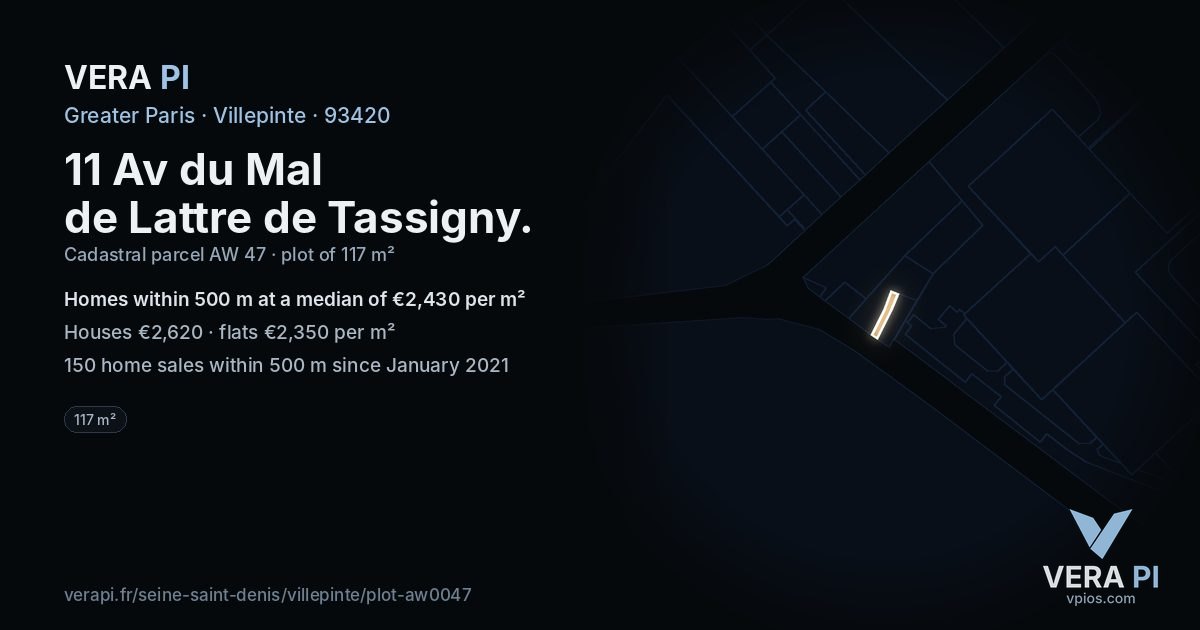 11 Av du Mal de Lattre de Tassigny, Villepinte at night – the plot lit, the parcels around coloured by the prices near them