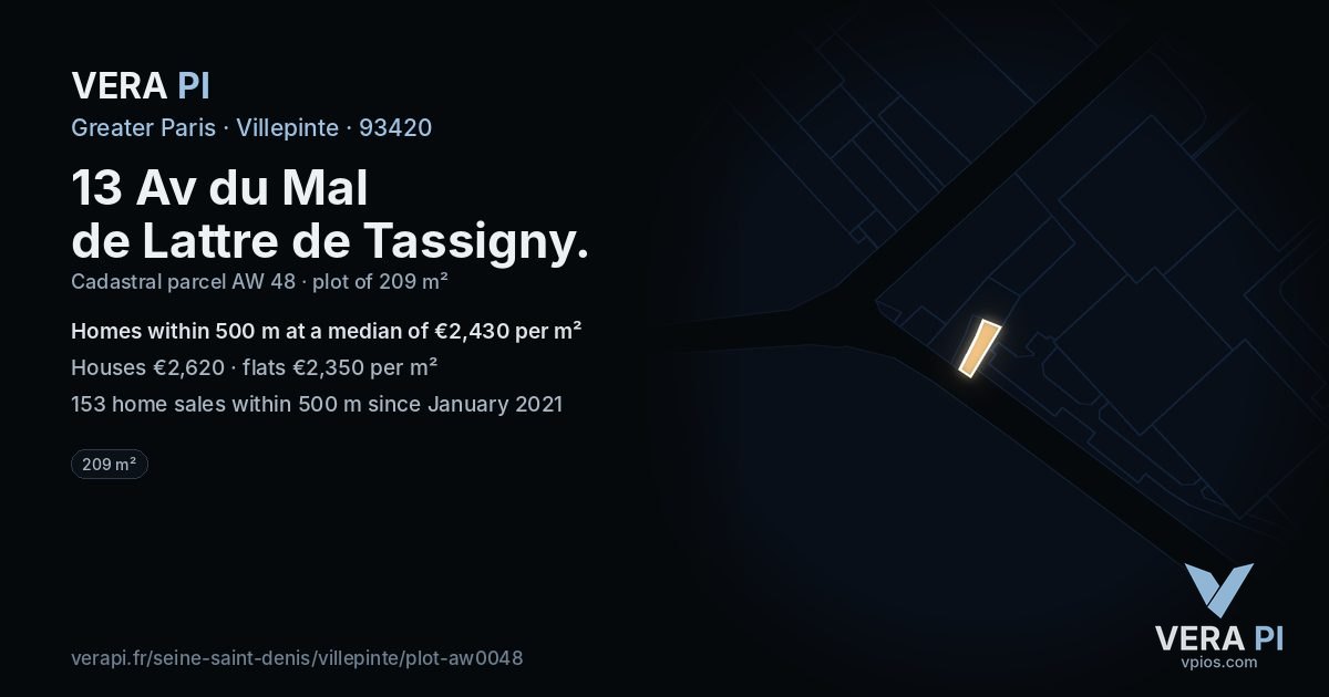 13 Av du Mal de Lattre de Tassigny, Villepinte at night – the plot lit, the parcels around coloured by the prices near them