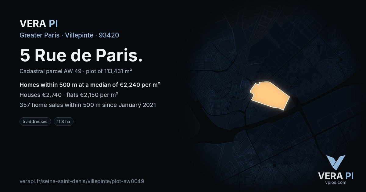 5 Rue de Paris, Villepinte at night – the plot lit, the parcels around coloured by the prices near them