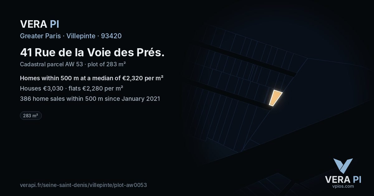 41 Rue de la Voie des Prés, Villepinte at night – the plot lit, the parcels around coloured by the prices near them