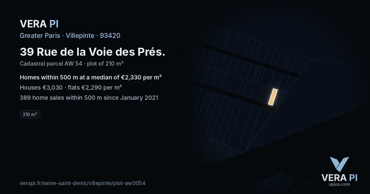 39 Rue de la Voie des Prés, Villepinte at night – the plot lit, the parcels around coloured by the prices near them