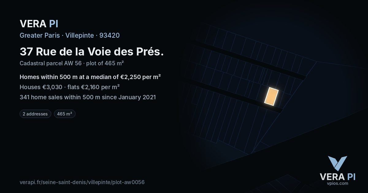 37 Rue de la Voie des Prés, Villepinte at night – the plot lit, the parcels around coloured by the prices near them