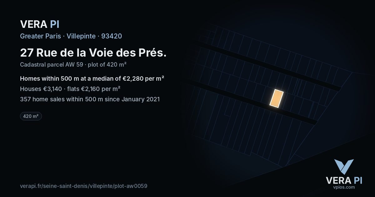 27 Rue de la Voie des Prés, Villepinte at night – the plot lit, the parcels around coloured by the prices near them