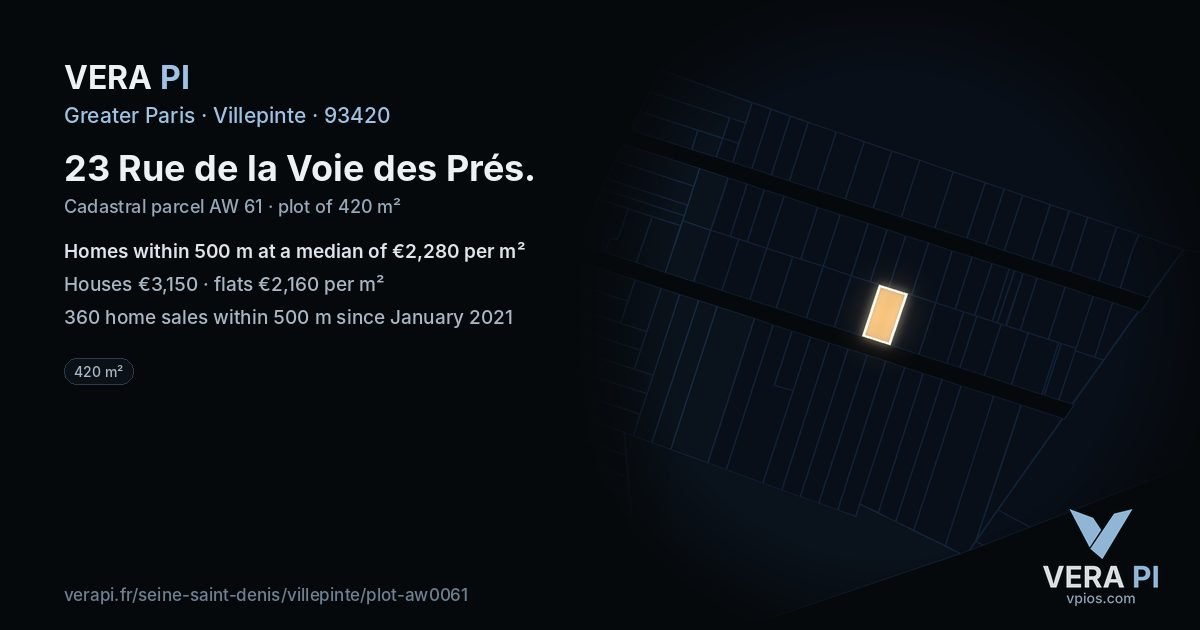23 Rue de la Voie des Prés, Villepinte at night – the plot lit, the parcels around coloured by the prices near them