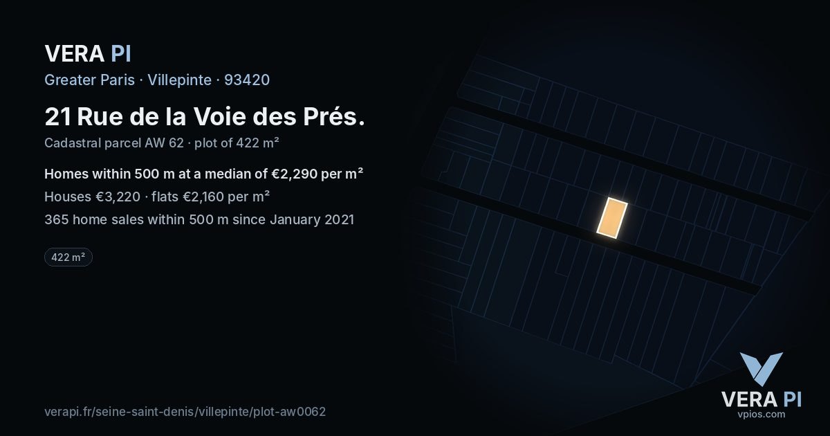 21 Rue de la Voie des Prés, Villepinte at night – the plot lit, the parcels around coloured by the prices near them