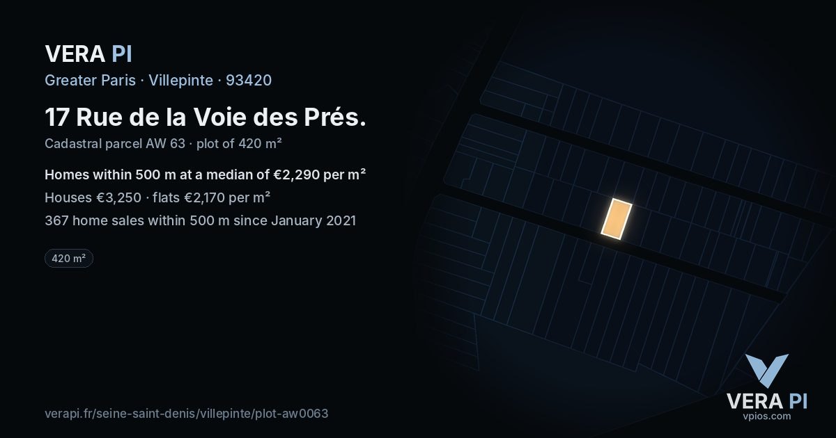 17 Rue de la Voie des Prés, Villepinte at night – the plot lit, the parcels around coloured by the prices near them