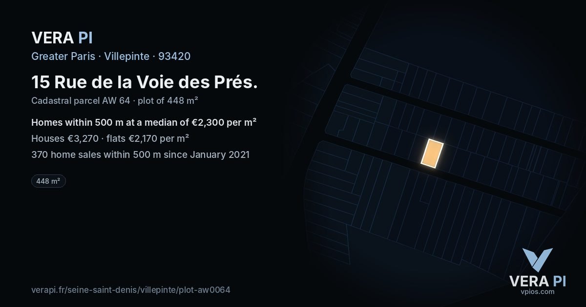 15 Rue de la Voie des Prés, Villepinte at night – the plot lit, the parcels around coloured by the prices near them
