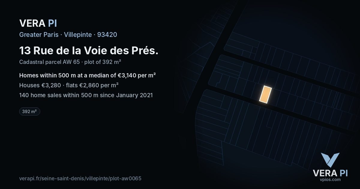 13 Rue de la Voie des Prés, Villepinte at night – the plot lit, the parcels around coloured by the prices near them