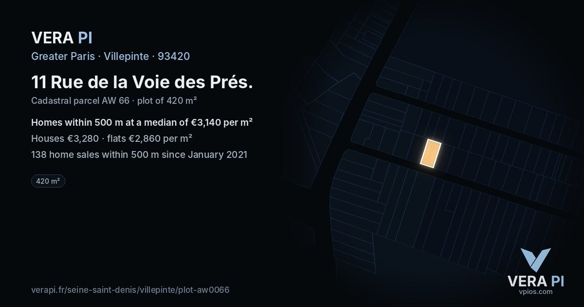 11 Rue de la Voie des Prés, Villepinte at night – the plot lit, the parcels around coloured by the prices near them